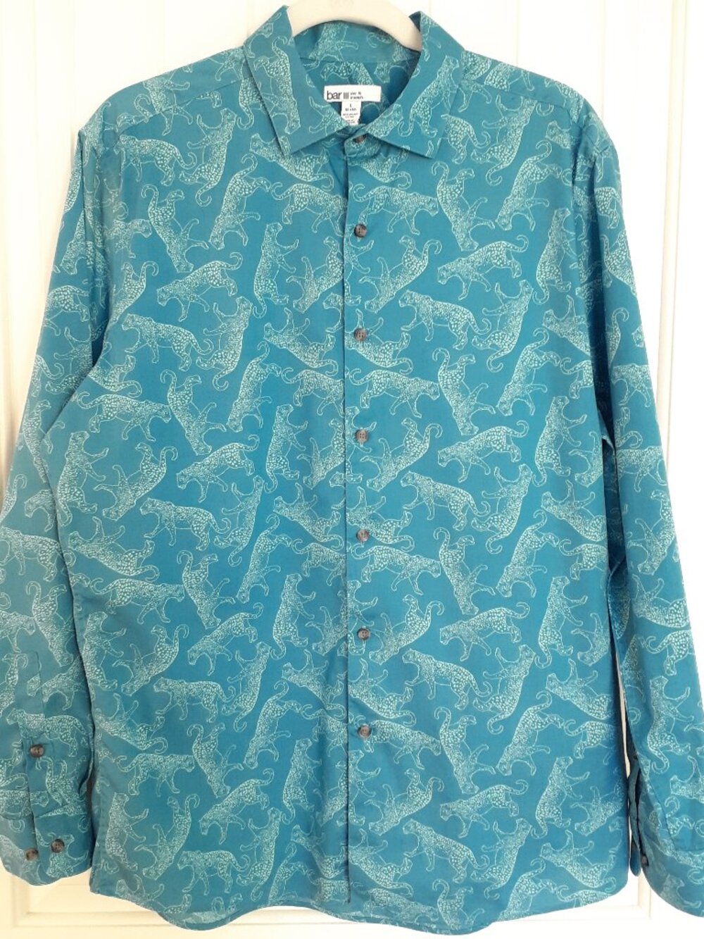 Bar III Men's Slim-Fit Tossed Leopard-Print Cotton Dress Shirt Blue Size L